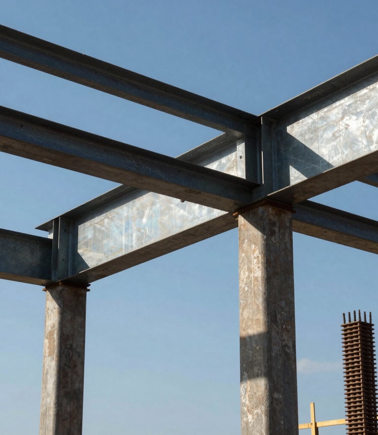 A close-up photograph of heavy-duty steel trusses and reinforced columns at a sun-drenched South American construction site, clear blue sky background, industrial style, professional lighting.