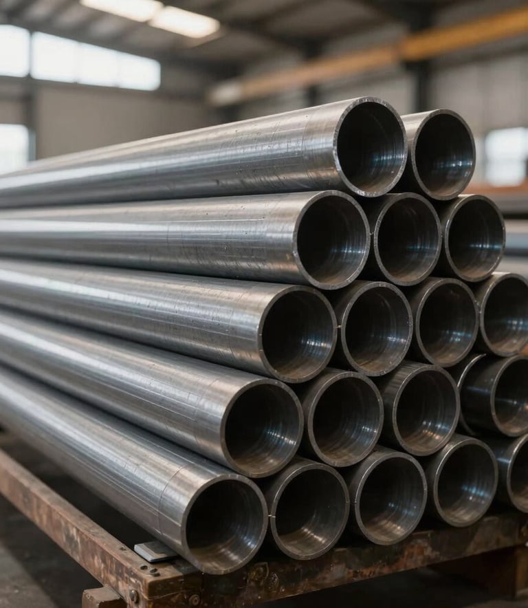 A neatly organized stack of industrial steel tubes in a bright, modern South American warehouse, natural lighting, sharp focus on the metallic texture.
