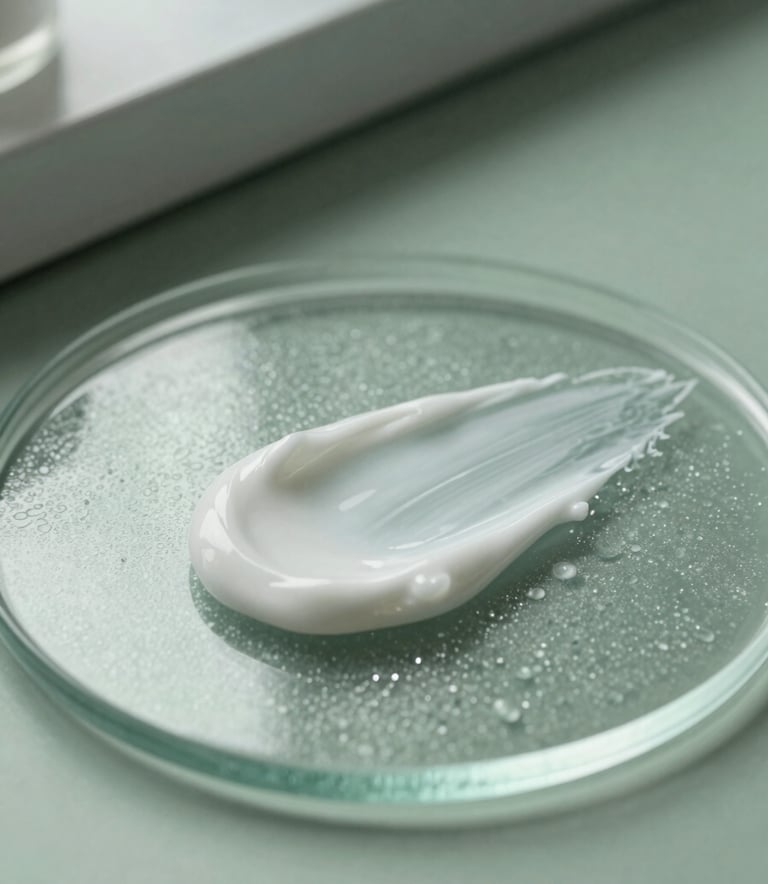Minimalist photography of a premium skincare cream texture spread across a textured glass plate. Accents of muted sage green in the soft background. The scene is lit with cool, clinical morning light in a North American / US lab environment.