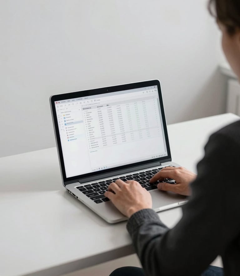 Photography from behind a legal professional working on a laptop in a minimalist office in Paris. The screen displays data in a clean interface. White and grey tones with a subtle blue accent light. Modern French workspace, professional and calm atmosphere.