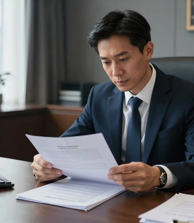 A focused professional in a high-end French legal office reviewing a complex case file, soft natural light, dark blue and grey tones in the background, high-end corporate photography.