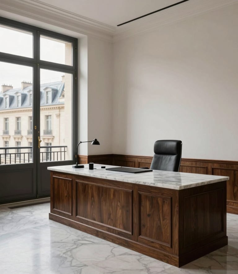 A high-end view of a Parisian legal office interior with clean lines, marble surfaces, and soft natural light from a window overlooking classic French architecture, emphasizing professional trust and modern elegance.
