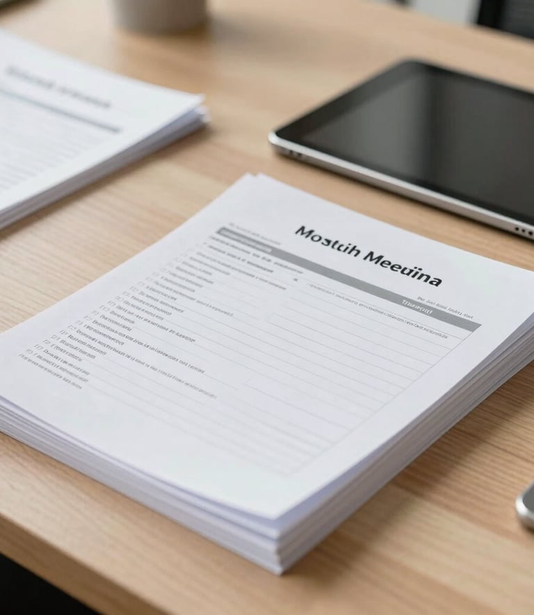 A close-up of organized administrative paperwork and a modern tablet on a clean wooden desk in a South American professional office, bright and soft natural lighting.