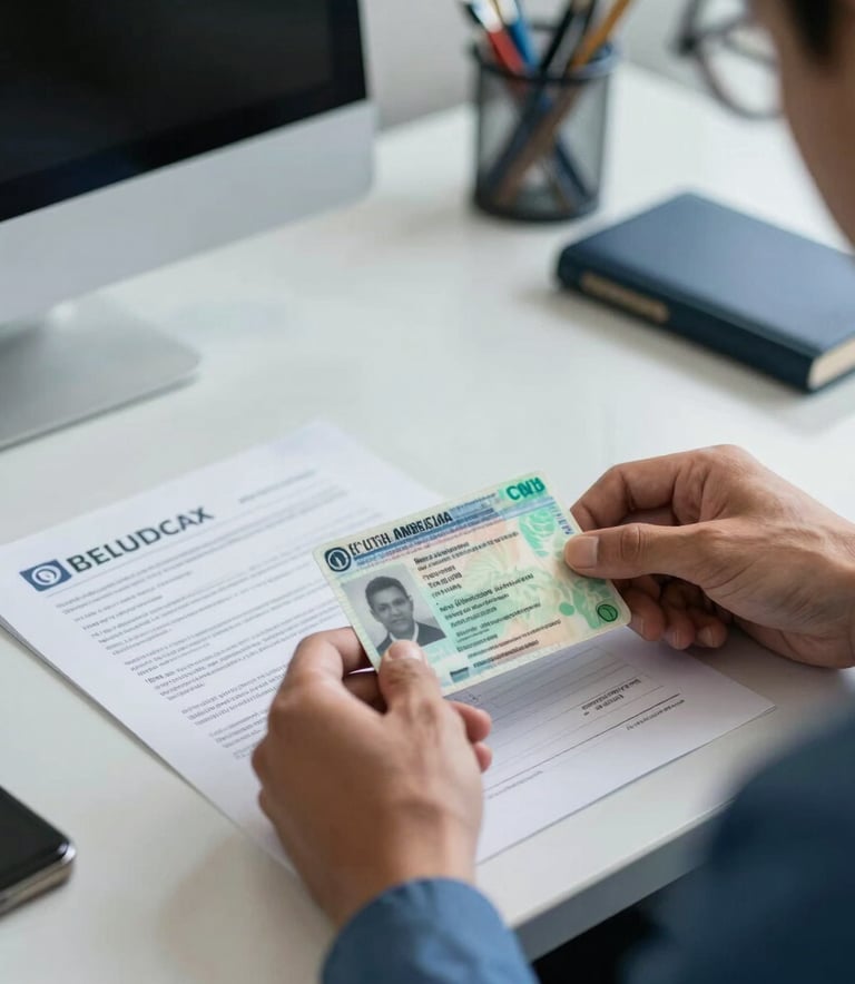 A focused South American professional reviewing a driver&amp;#x27;s license (CNH) and official documents in a well-lit office with steel blue and pale grey accents.