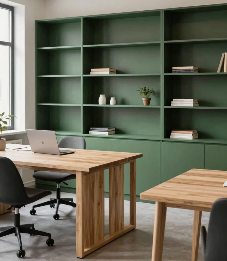 An interior shot of a welcoming Scandinavian style office in North America / Europe. The aesthetic is minimal and clean, featuring matte forest green shelving and light wood tables in a bright, professionally lit environment.