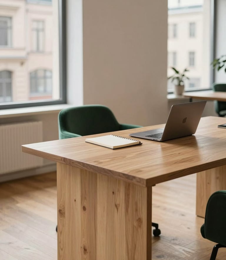 A wide-angle shot of a welcoming Scandinavian-style office in a North American / European city. The space features light wood floors, a large minimalist oak desk, and a forest green velvet armchair. Soft morning light enters through large windows. On the desk sits a clean parchment-colored notebook and a professional silver laptop. The atmosphere is calm, modern, and highly professional.