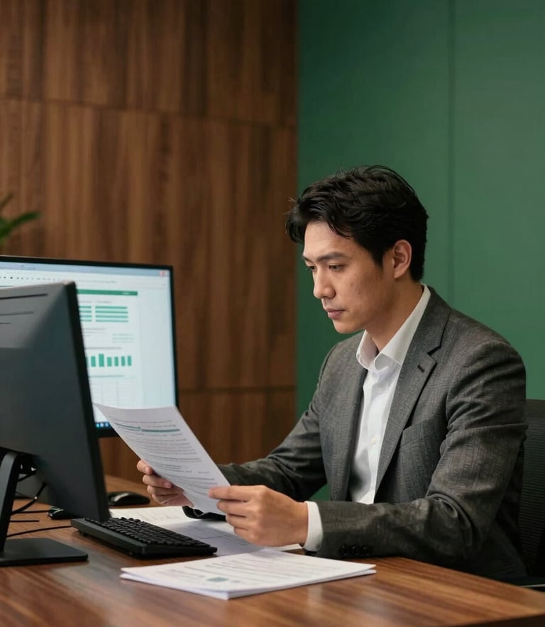 A focused professional in a modern North American / European world-class corporate office, reviewing financial documents on a screen. The room features high-contrast lighting with accents of rich tobacco brown wood and deep bark green decor.