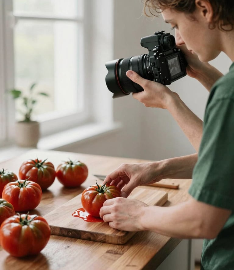 A behind-the-scenes photography shot in a North American artisanal kitchen. A food stylist is carefully arranging heirloom tomatoes on a wooden surface while a photographer adjusts a professional camera. The scene is bathed in soft, natural window light, reflecting a clean and sophisticated Scandinavian aesthetic with a palette of deep ripe crimson and matte forest green tones.