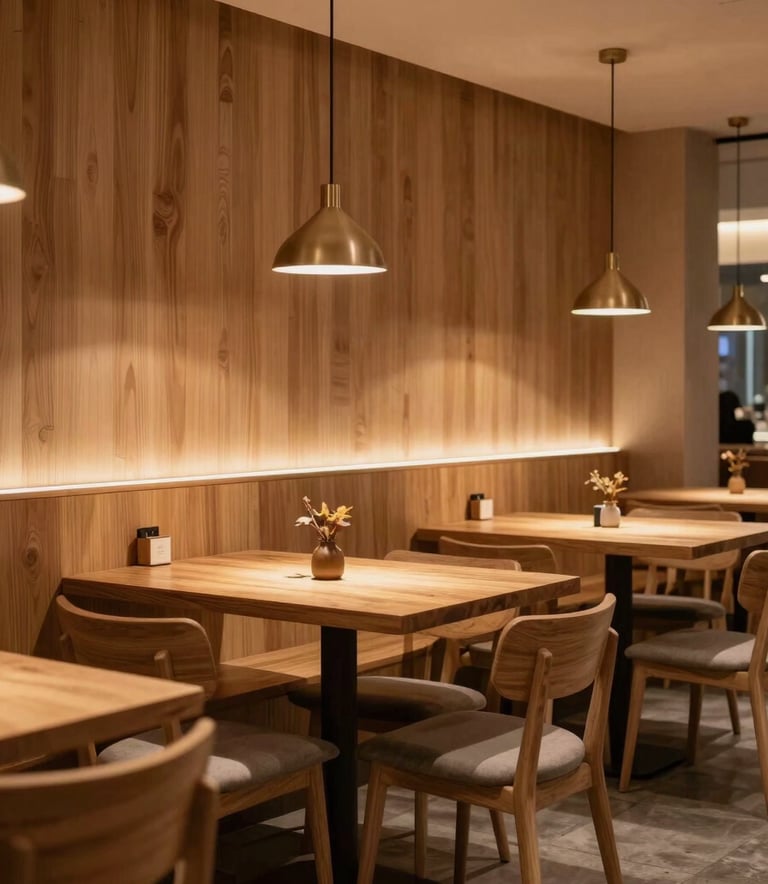 A cozy, minimalist restaurant interior in North American / US with warm wood textures and Scandinavian-inspired furniture. Soft, ambient evening lighting creates an inviting and sophisticated atmosphere.