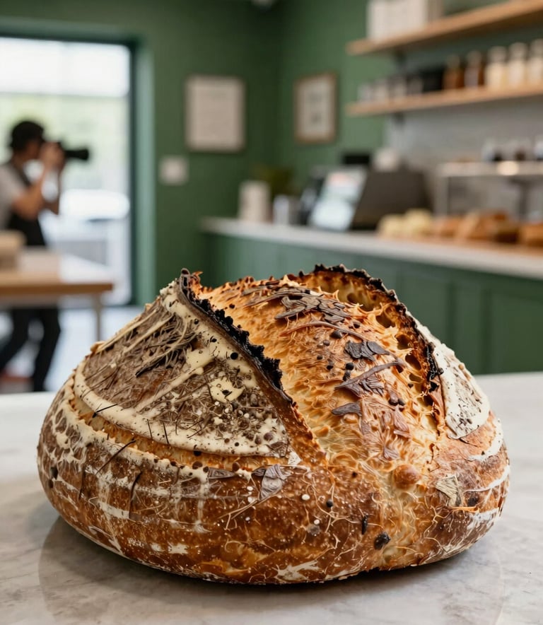 A professional photographer capturing a close-up of a crusty artisanal sourdough loaf in a modern North American / US bakery kitchen. Matte Forest Green accents in the background, sharp focus, natural daylight.