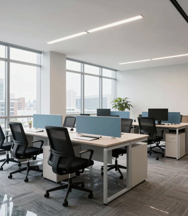 A wide-angle professional photograph of a pristine, modern office workspace in North America. The scene features polished glass surfaces and a clean, organized layout. Bright, natural lighting pours in from large windows, highlighting the lack of dust and the steel blue and off-white color palette of the interior design.