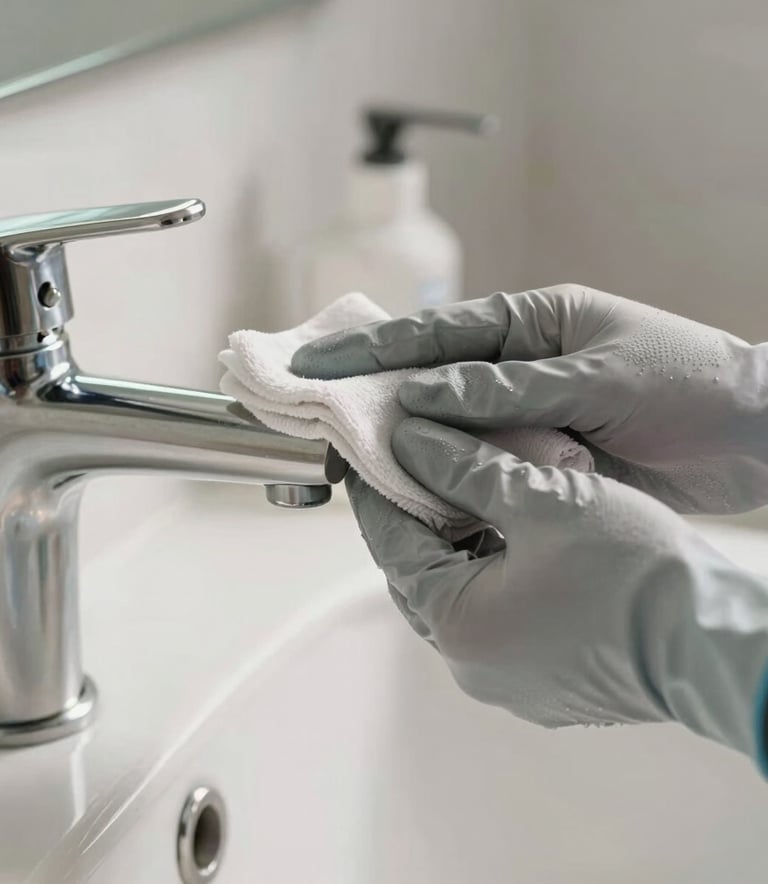 A close-up photograph of a professional cleaning person's hand in a light grey glove using a soft cloth to polish a stainless steel faucet in a modern North American bathroom, bright morning light, professional and meticulous feel.