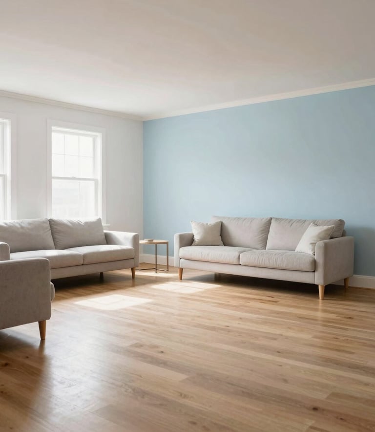 A wide-angle shot of a pristine, sun-drenched North American living room with hardwood floors and minimalist furniture, emphasizing a spotless and welcoming atmosphere, soft white and pale blue color palette.