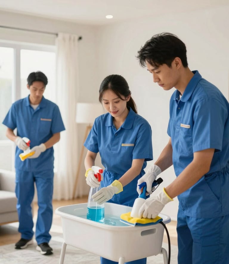 A professional cleaning crew in North American work attire efficiently sanitizing a bright residential space. They are using high-end equipment. The composition is clean and modern, featuring soft off-white and medium blue tones in a well-lit environment.