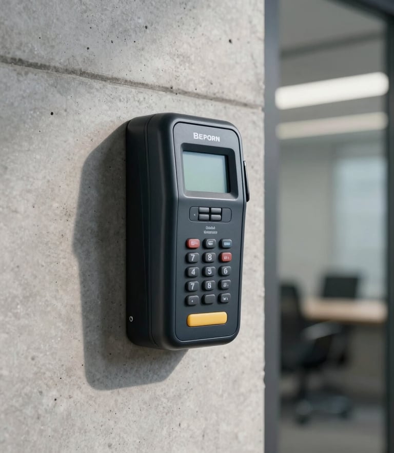 Close up photography of a sleek security card reader mounted on a modern concrete wall next to a glass door. Professional lighting, North American office setting, clean and secure aesthetic.