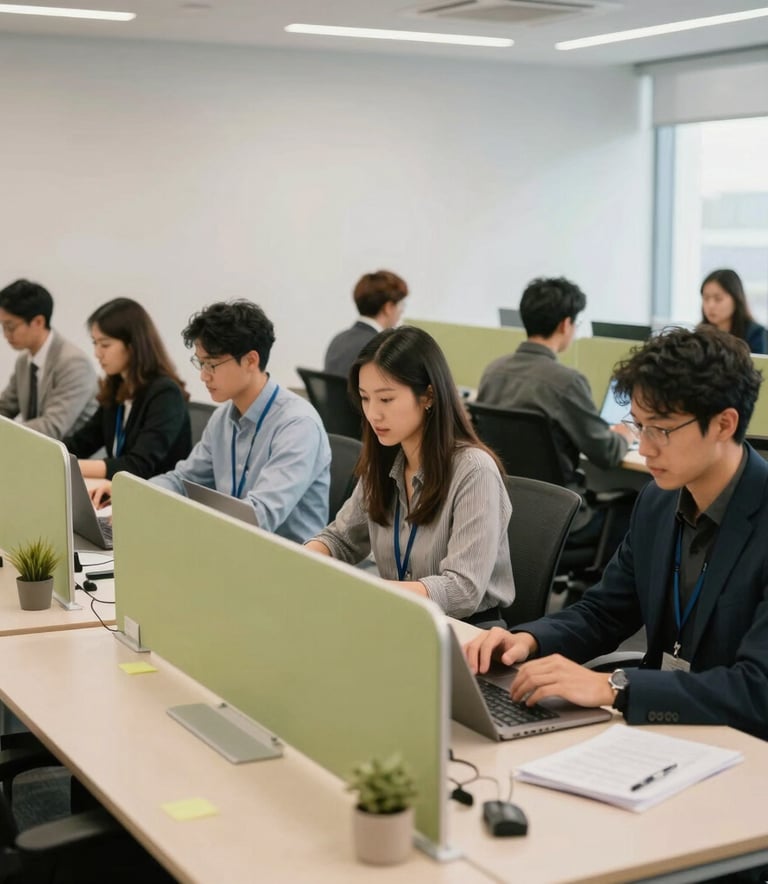 A professional candid photograph of a collaborative workspace in a North American corporate office, showing colleagues in business-casual attire working at large tables with light green and off-white accents, conveying a bright and efficient atmosphere.