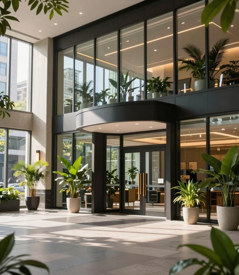 Wide professional shot of a grand entryway for a large sustainable company in a North American city. Elegant glass architecture, lush indoor plants, clean and organized corporate setting with natural morning light.
