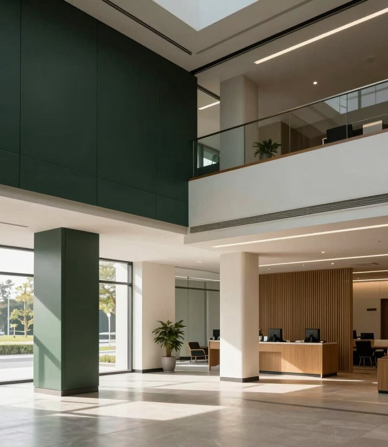 A wide-angle interior photograph of a modern, sustainable corporate lobby in North America, featuring dark green and off-white architectural elements, clean lines, and soft natural sunlight filtering through large windows.