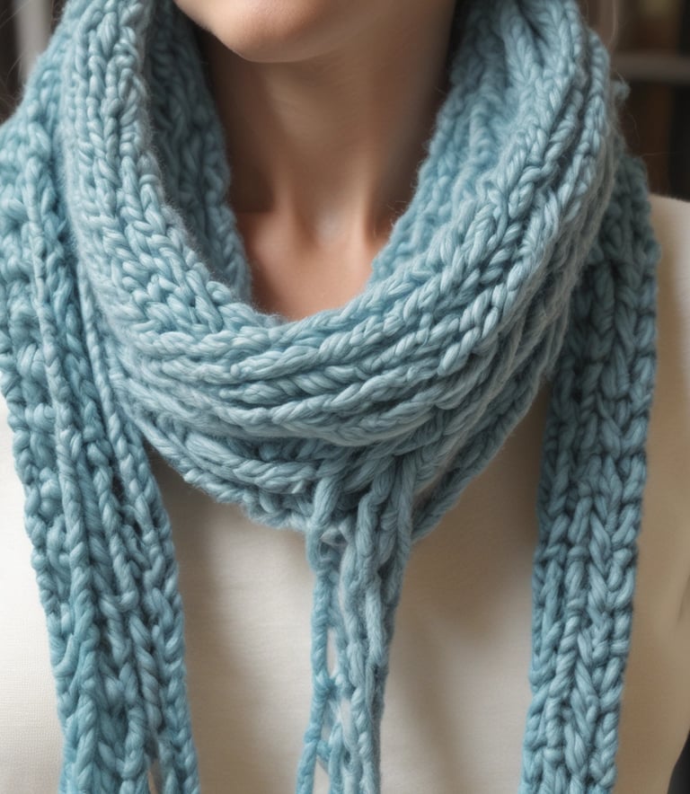 Woman wearing a soft light blue chunky knit wool scarf in a cozy ribbed pattern.