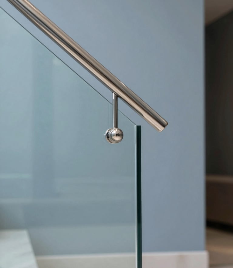 Close-up architectural photography of a minimalist glass handrail with polished stainless steel fixtures. Set in a luxury Riyadh villa interior with Middle Eastern / Gulf aesthetics. High-end precision finishing, sharp focus, professional studio lighting, with a palette of pale silver-blue and slate blue.