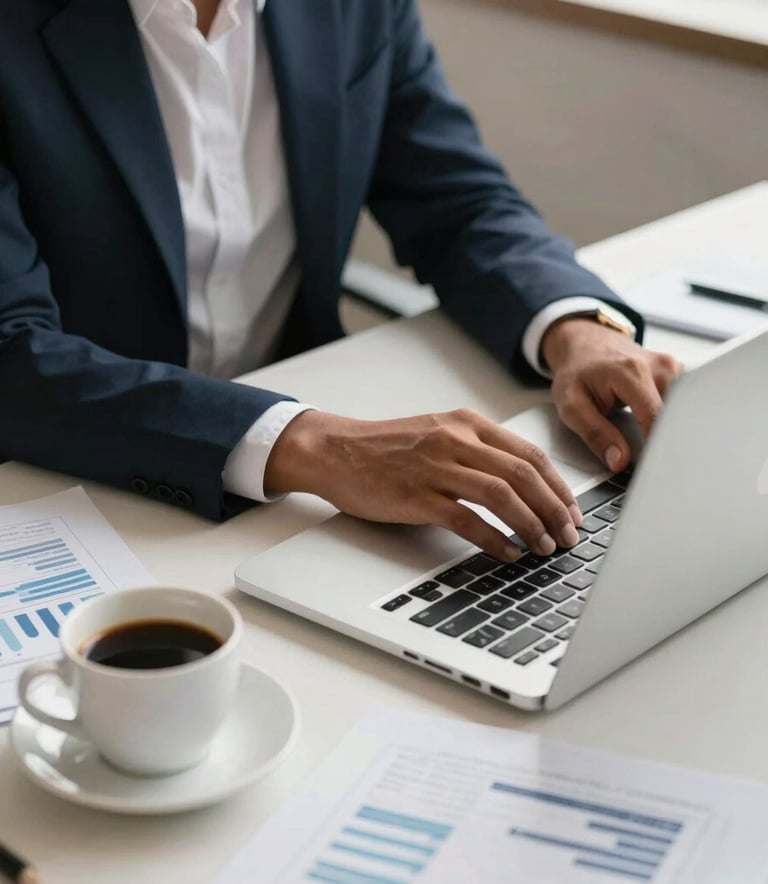A professional desk setup in a South Asian / Indian corporate environment featuring a modern laptop, a cup of coffee, and organized financial reports. The lighting is bright and efficient. Colors include dark navy and off-white, reflecting a sense of modern efficiency.