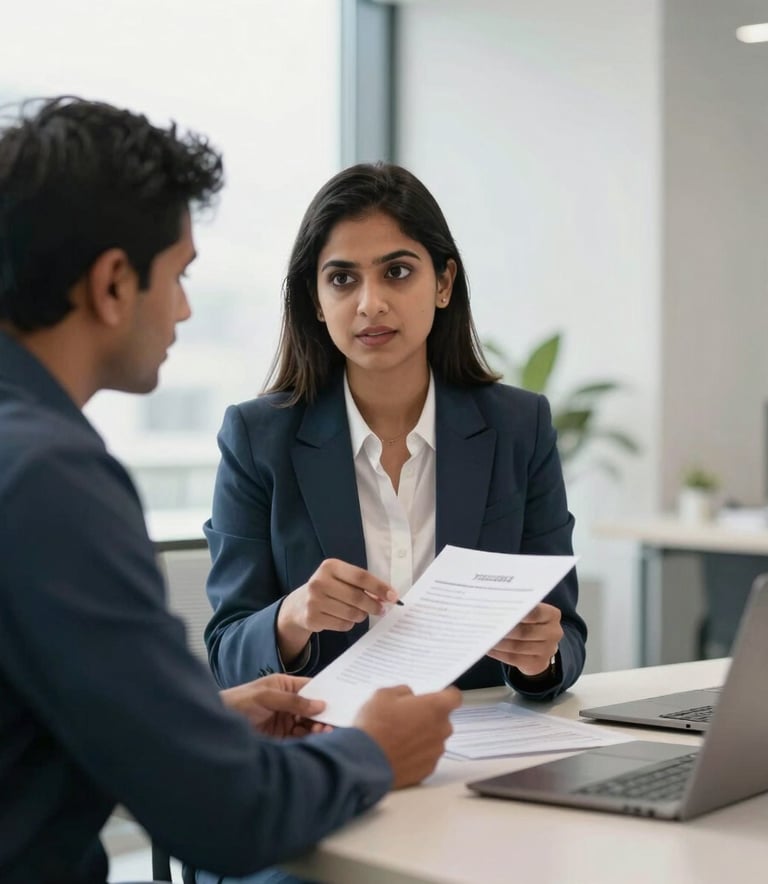 A high-quality photography of a South Asian / Indian professional meeting taking place in a bright, modern Bangalore office. A woman in business attire is explaining a document to a colleague. The atmosphere is sophisticated and efficient, with soft natural light and a palette of steel blue and off-white.