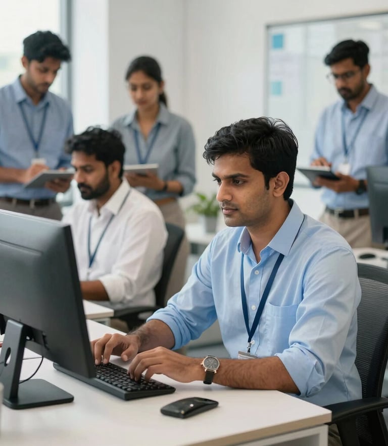 A professional photograph of a contemporary workspace in India. The scene shows a clean, organized office with South Asian / Indian staff collaborating in the background. The lighting is bright and airy, emphasizing a palette of light blue and white to evoke trust.