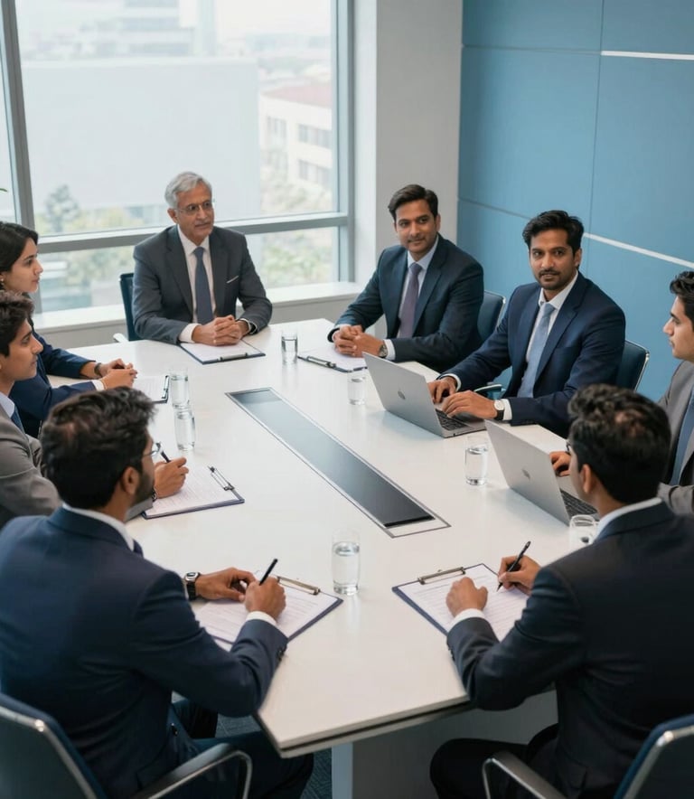 A high-angle photograph of a modern, well-lit conference room in Gurugram. A diverse group of South Asian / Indian business professionals in formal attire are engaged in a strategic meeting. The room is decorated with a palette of steel blue and light blue. Natural light floods the space, creating a professional and growth-oriented mood.