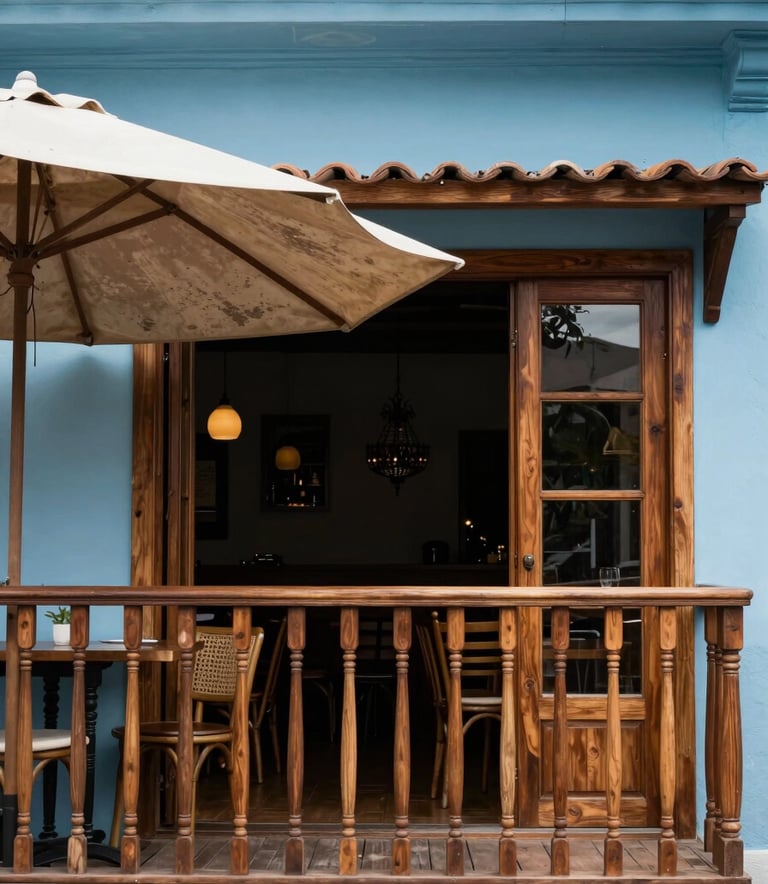 A split-view style architectural photograph of a high-end South American restaurant balcony. On one side, a worn ombrelone; on the other, a perfectly restored one in a sophisticated sky blue color with a sturdy wooden frame.
