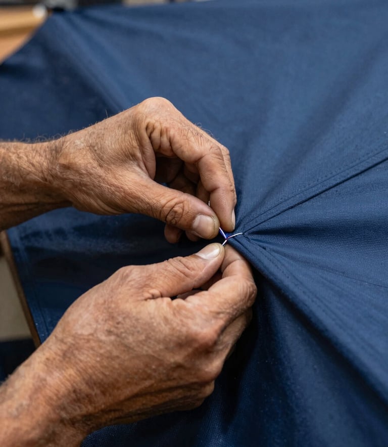 A close-up, high-detail photograph of a skilled artisan's hands in a workshop in Brazil, meticulously stitching a thick, navy blue weather-resistant canvas for an ombrelone.