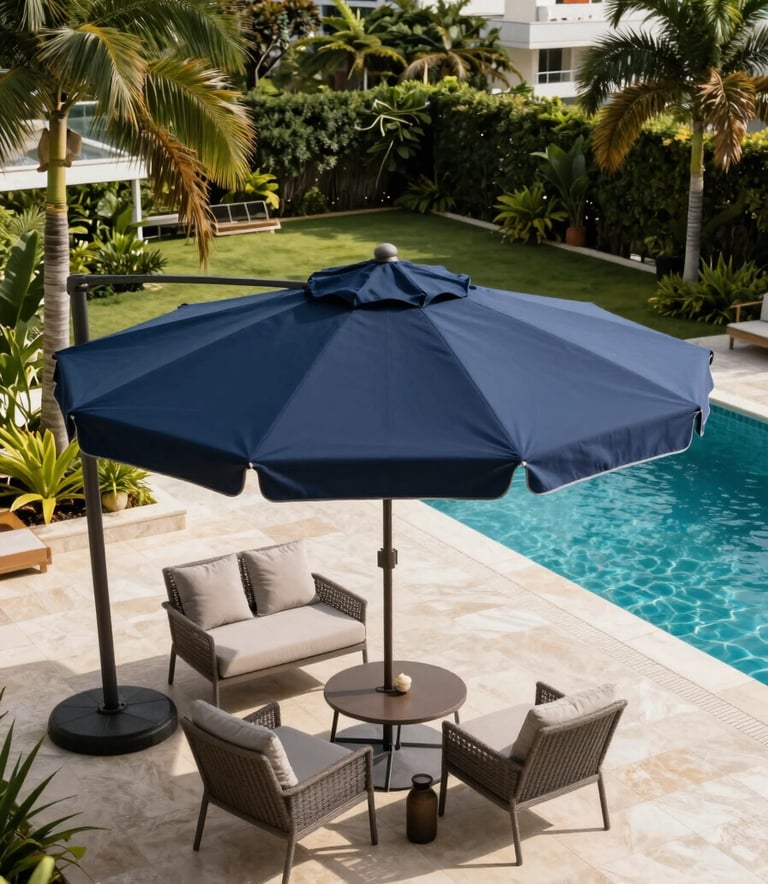 Professional high-angle photography of a luxury poolside in a São Paulo residential garden, featuring a large navy blue custom-made ombrelone providing shade over high-end outdoor furniture, bright natural daylight, South American setting.