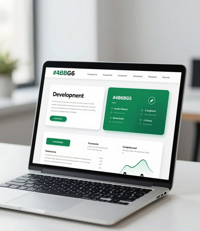 A high-end, professionally designed presentation deck displayed on a modern laptop screen in a bright, minimalist office setting. The design features clean lines, #4B6B63 accents, and sophisticated data visualizations, reflecting expert company profile development.