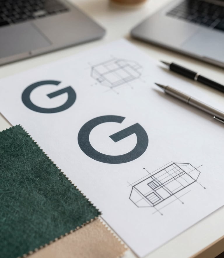 A close-up of a designer's desk featuring a mood board with minimalist logo sketches, fabric swatches in deep greens and tan, and architectural drawing tools. The atmosphere is professional and creative, using #1B2D26 and #C4A484 as primary color themes.