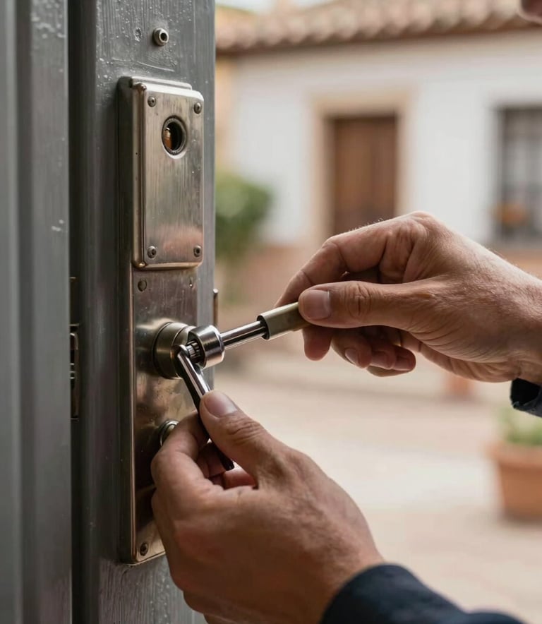 A professional locksmith’s hands carefully working on a high-security metal door lock, Spanish / Aragonese residential style architecture in the background. The focus is sharp on the metallic textures and tools, professional photography with soft natural light.