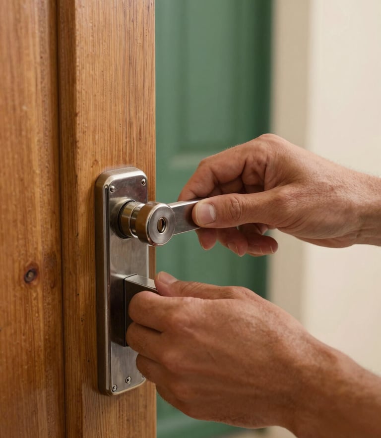 A detailed close-up of a professional locksmith's hands installing a high-security lock on a contemporary wooden door in a Spanish / Aragonese home. The lighting is soft and natural, emphasizing the metallic textures of the lock against the warm wood. The scene reflects expertise and established craft, with forest green and light cream tones in the background.