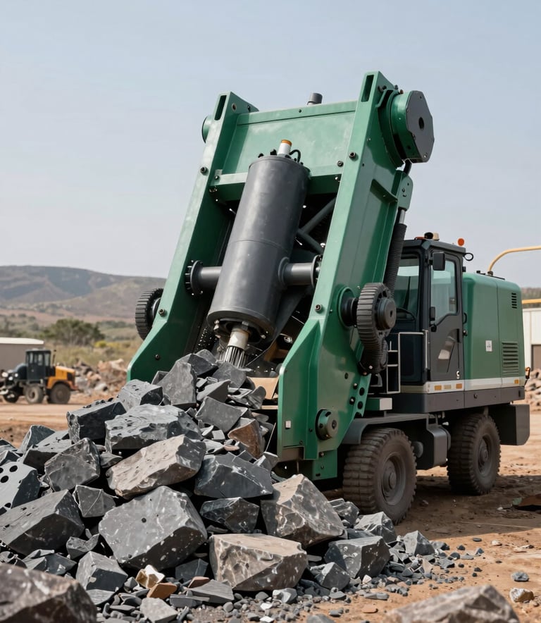A powerful mobile crusher machine processing rock at a South African industrial site. The scene is professional and industrial, featuring a palette of dark slate grey and deep sea green. The lighting is bright and realistic, capturing the rugged landscape of South Africa in the background.
