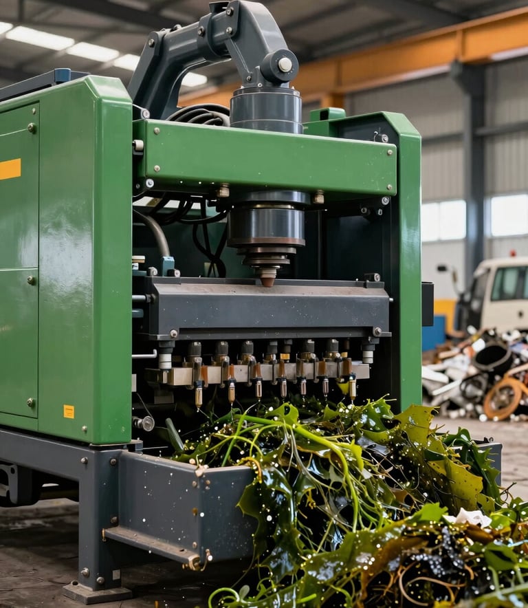 A high-performance mobile screening machine operating in a South African industrial yard, recycling construction waste into reusable material, seaweed green and dark slate gray machinery tones.