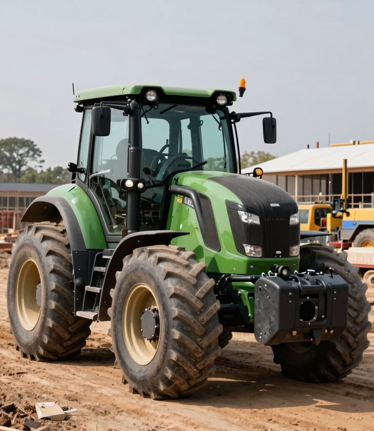 A modern TLB (tractor loader backhoe) parked at a construction site in South Africa. The machine looks robust and well-maintained, with a background showing professional industrial activity. The colors include deep sea green and muted earth tones.