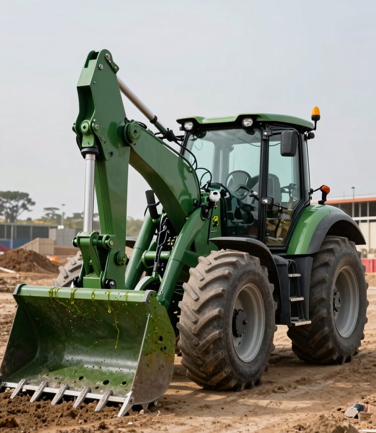 A modern tractor loader backhoe (TLB) on a South African construction site, positioned for digging, clean industrial finish in seaweed green, cinematic lighting.