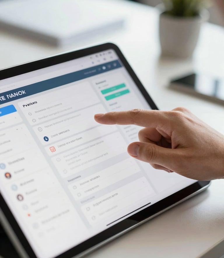 A close-up shot of a professional hand scrolling through an interactive marketing dashboard on a tablet, bright and professional lighting, North American office setting.