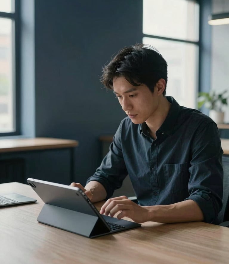 A focused graphic designer working on a high-resolution tablet in a minimalist North American office studio, soft natural light coming from a large window, deep blue and grey accents in the room.