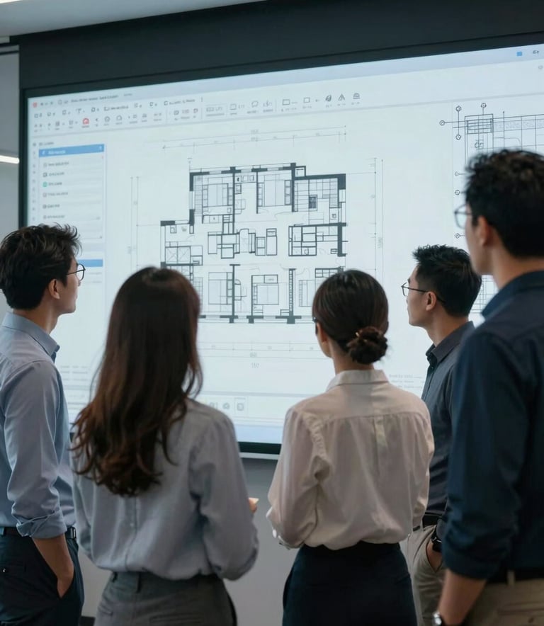 A group of professionals in a modern North American / US architectural firm gathering around a large screen to review digital blueprints, professional and focused atmosphere, sky blue accents.