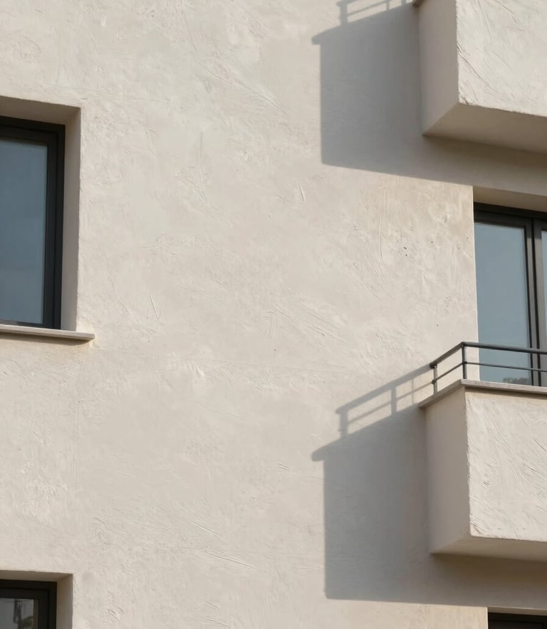 A close-up photograph of a high-quality textured facade finish on a Southern European building. The surface is a clean off-white with a modern matte texture, reflecting soft morning sunlight. The composition is architectural and precise, highlighting the professional application of exterior insulation materials.