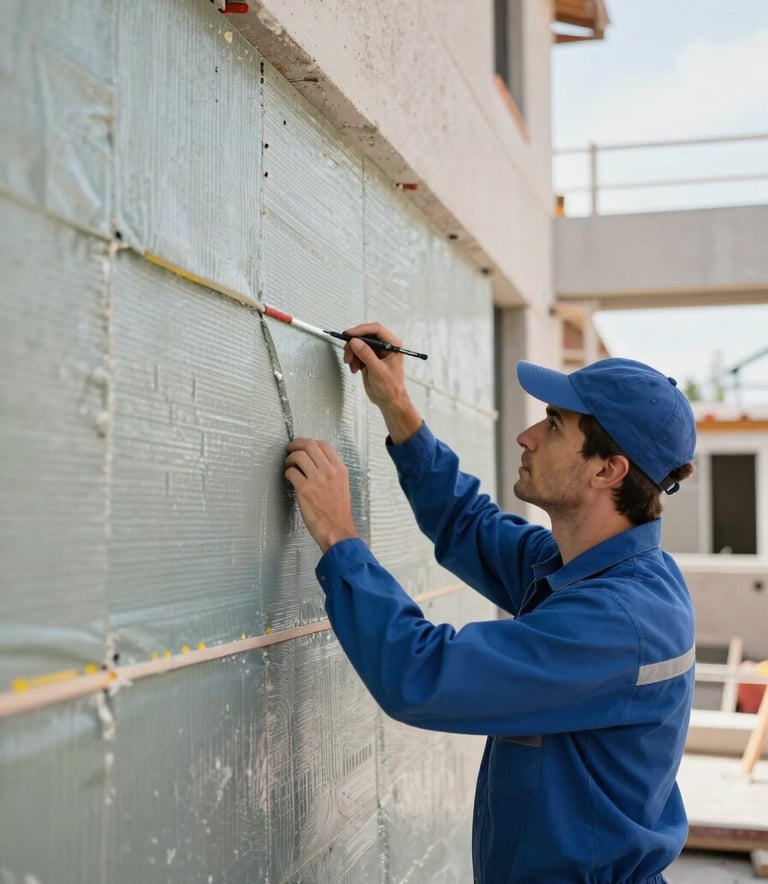 A detailed photograph of a professional technician in a clean uniform inspecting a modern exterior wall. The setting is a bright Southern European construction site. The focus is on the precision and quality of the insulation layers, emphasizing efficiency and responsibility.