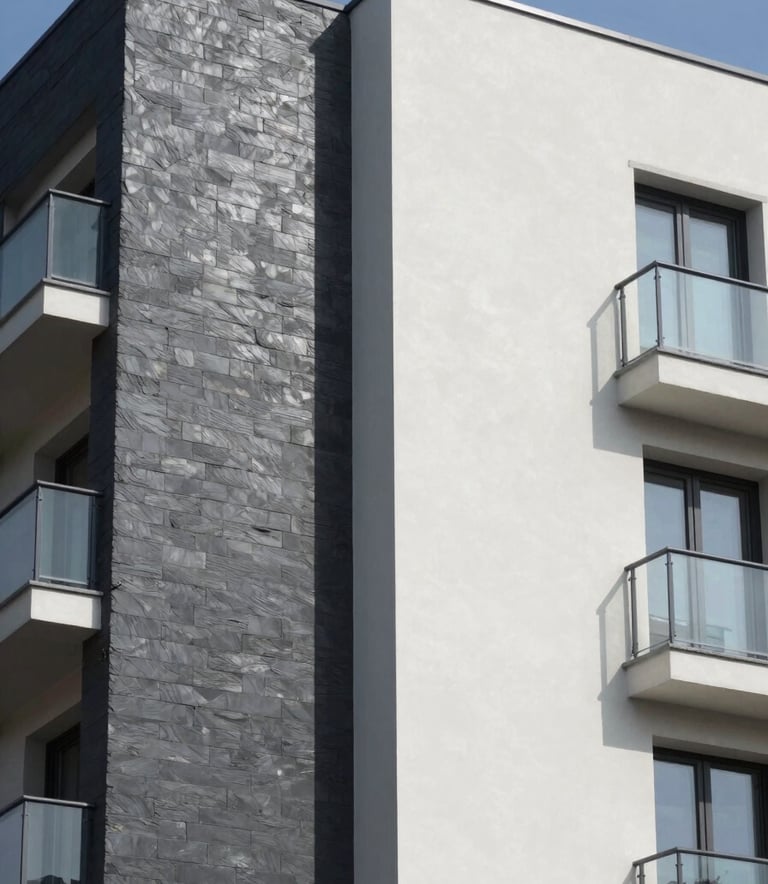 Architectural photography of a high-end residential building facade in Southern Europe featuring a clean, newly installed SATE thermal insulation system. The composition shows the contrast between a smooth, dark slate grey section and a light mist white finish. Bright, natural daylight highlights the professional texture of the material under a clear sky.