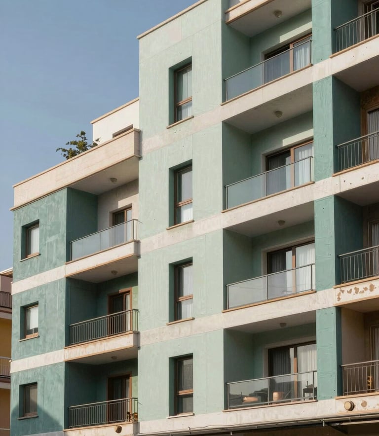 Professional photography of a contemporary apartment complex in a sunny Spanish coastal city. The building features an elegant facade with muted teal and light sage green accents, showcasing a finished exterior insulation project. Sharp focus, sophisticated urban architecture style.