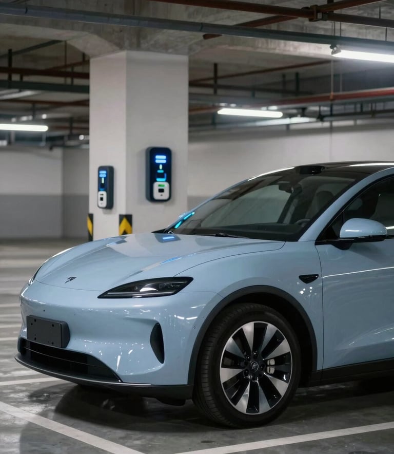 A ground-level perspective of a sleek modern car parked in a well-lit South American urban parking garage with smart payment sensors visible. The atmosphere is efficient and trustworthy. Lighting is soft and professional, emphasizing a Light Blue and Light Gray aesthetic.