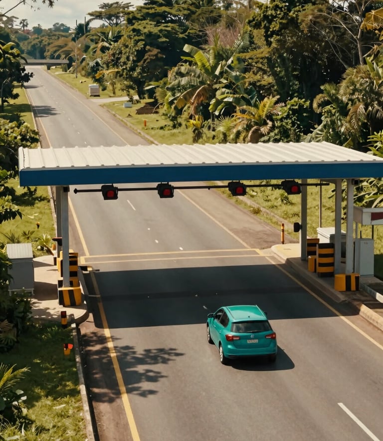 A high-angle shot of a car driving through a modern Free Flow electronic toll gantry on a bright, sunny Brazilian highway surrounded by lush greenery. Professional photography, clean composition, natural and warm lighting, featuring Teal and Dark Blue colors.
