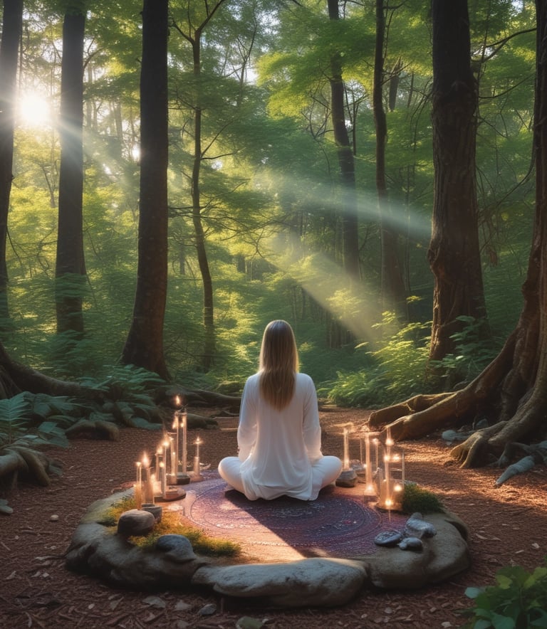 A serene display of colorful crystals and healing stones arranged on a wooden surface.