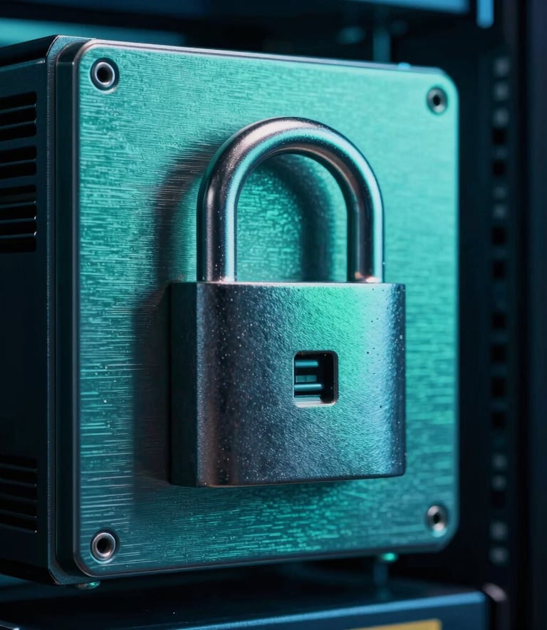 Close up of a secure hardware security module in a data center, brushed metal texture, soft Emerald Teal and Deep Blue lighting, European industrial design, representing absolute reliability.
